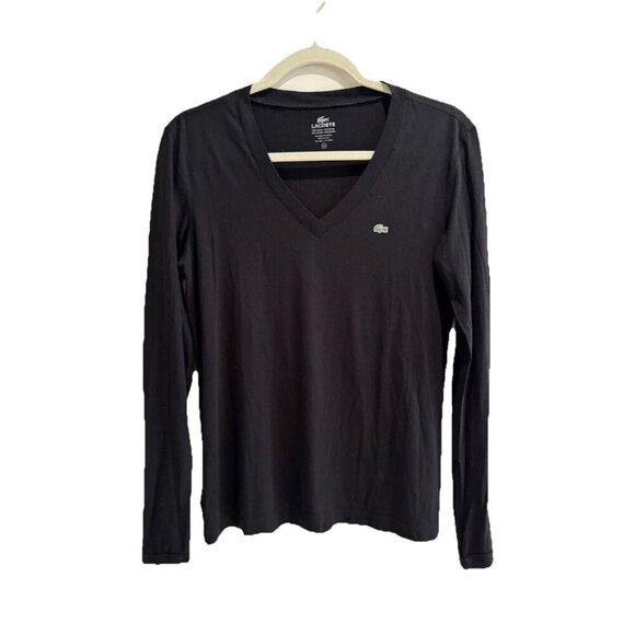 Lacoste Long Sleeve V Neck Black Woman’s Size 42 Shirt With Signature Logo - Picture 1 of 6